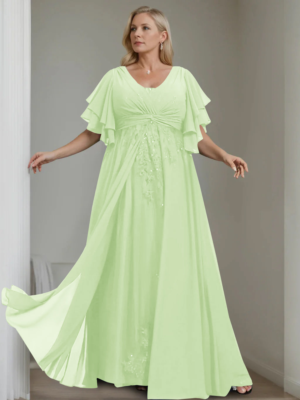 Unique Plus Size V Neck A Line Long Mother of the Bride Dress with Sequins and Half Sleeve Ruffles