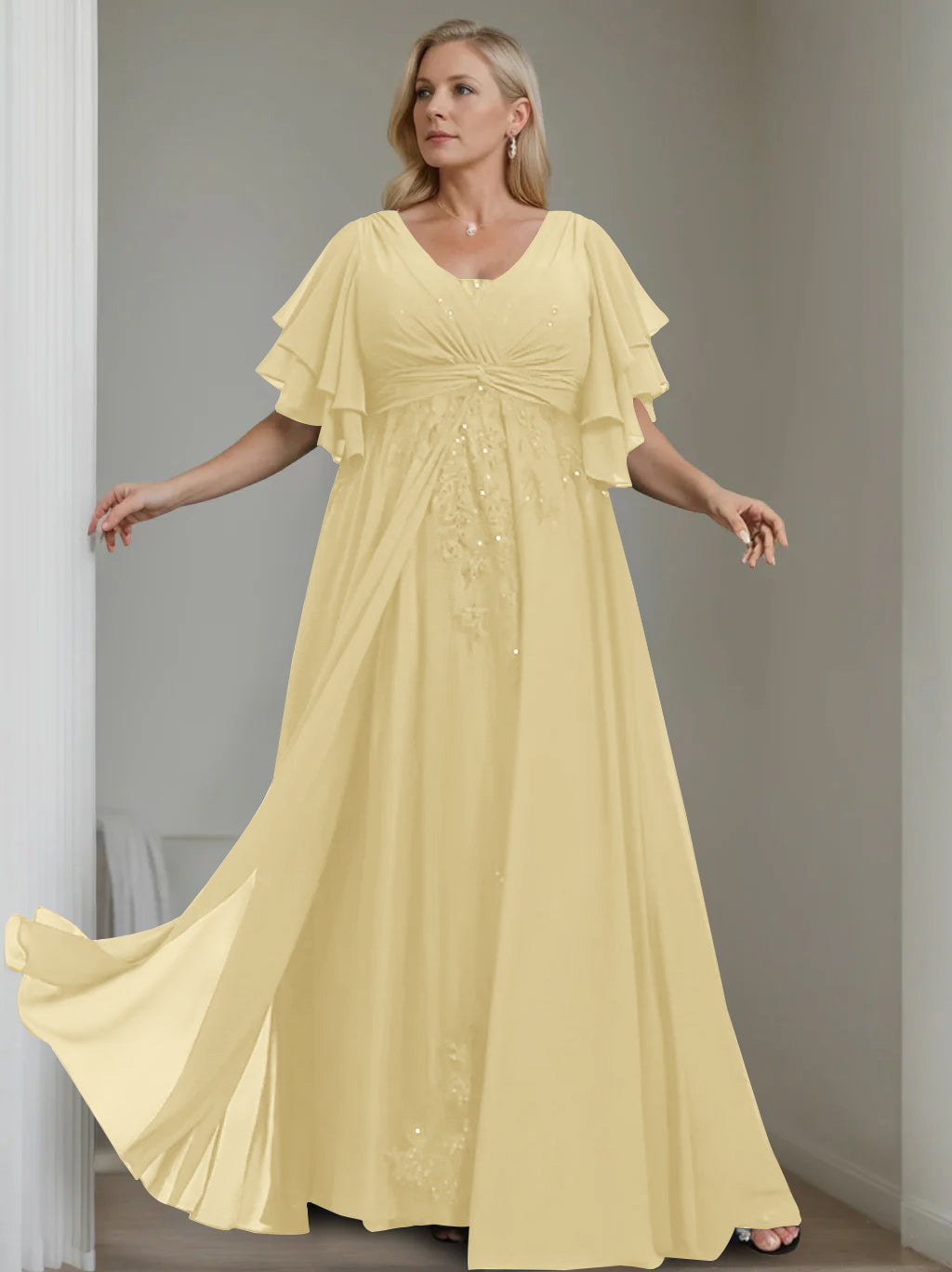 Unique Plus Size V Neck A Line Long Mother of the Bride Dress with Sequins and Half Sleeve Ruffles