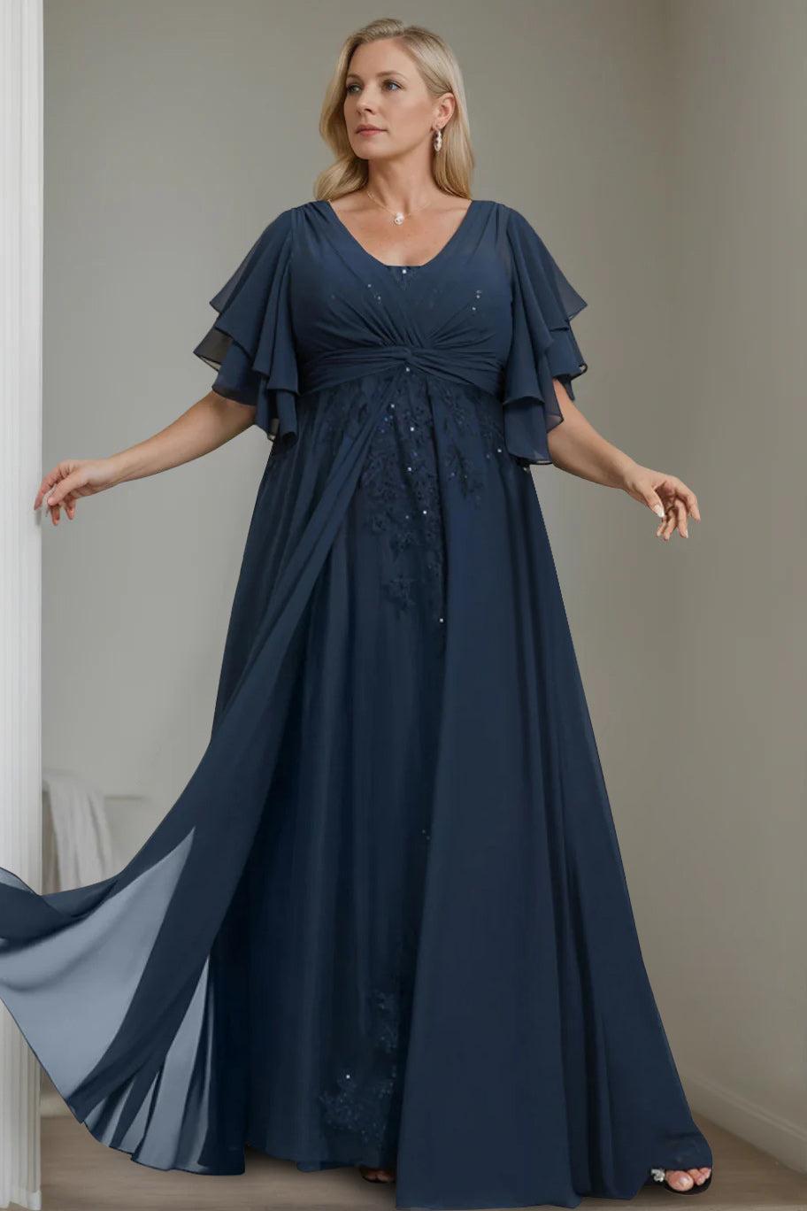 Unique Plus Size V Neck A Line Long Mother of the Bride Dress with Sequins and Half Sleeve Ruffles