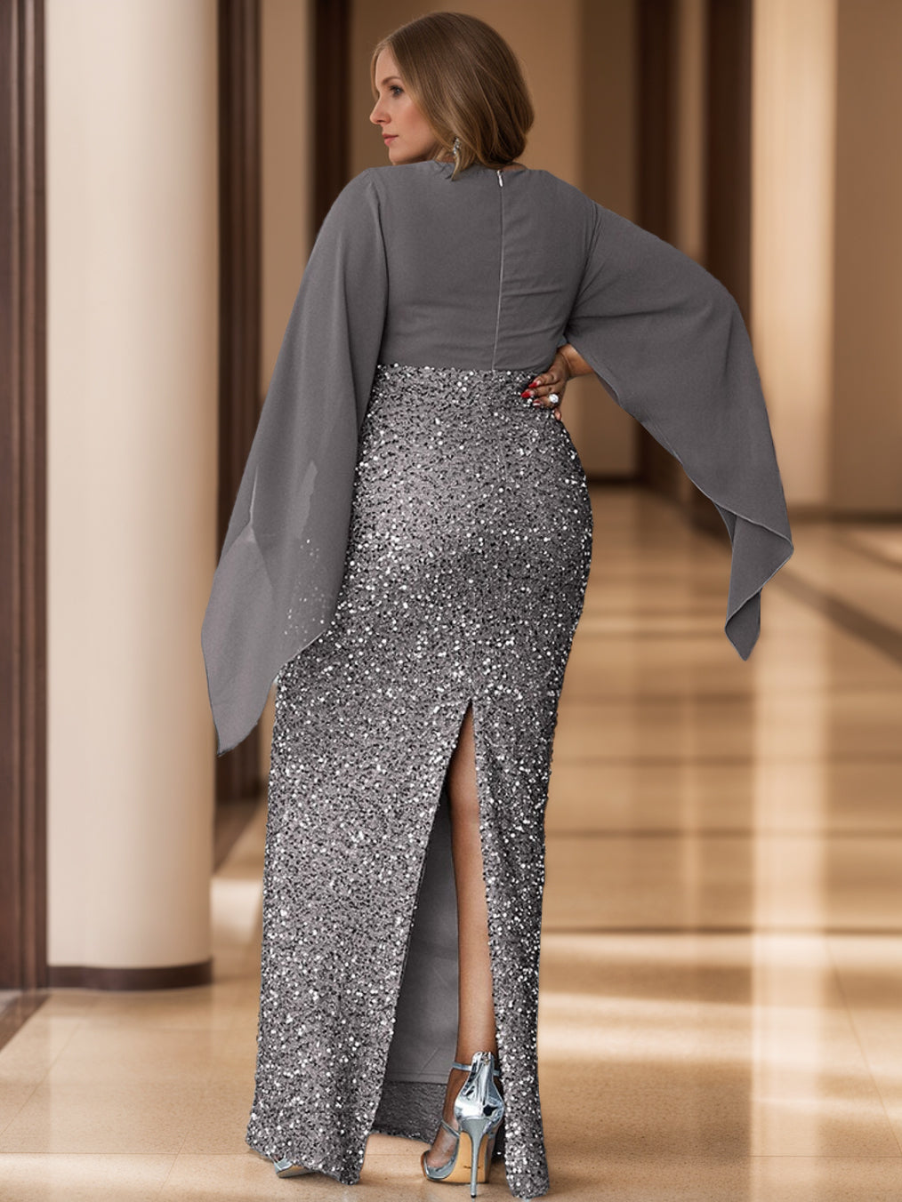 Unique Plus Size V Neck Long Mother of the Bride Dress with Flare Sleeves and Sequined Sheath Column Design