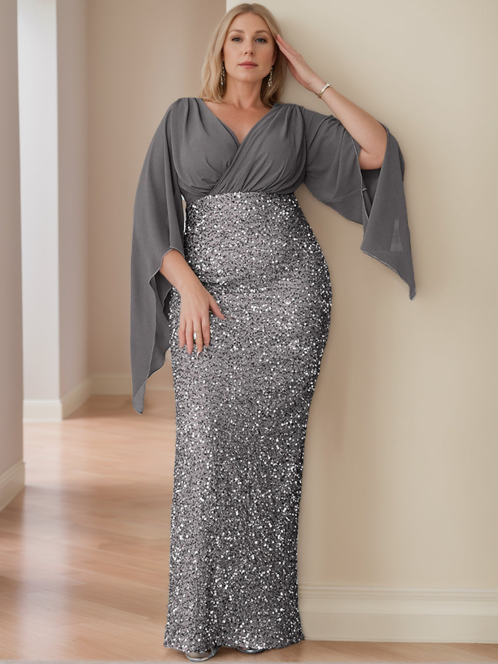 Unique Plus Size V Neck Long Mother of the Bride Dress with Flare Sleeves and Sequined Sheath Column Design