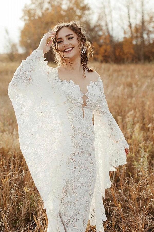 Unique Sweetheart Long-Sleeve Mermaid Floor-Length Lace Beach Wedding Dresses with Chapel Train