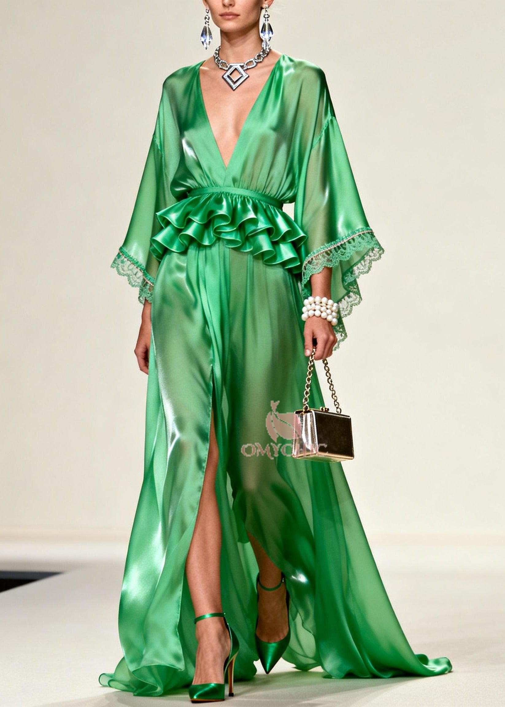 Unique Tea Green solid color Side Open Chiffon Party Dress Summer