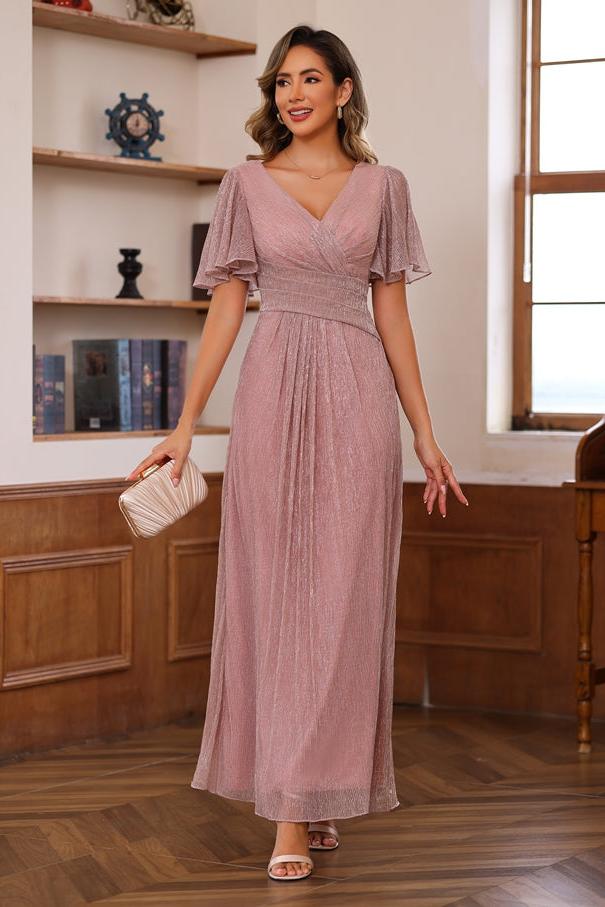 Unique V Neck A Line Ankle Length Mother of the Bride Dress with Ruffles and Short Sleeves