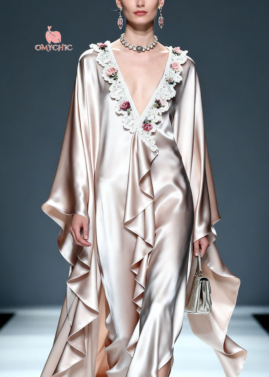 Unique V Neck Asymmetrical Design Ruffled Lace Floral Silk Dress Summer