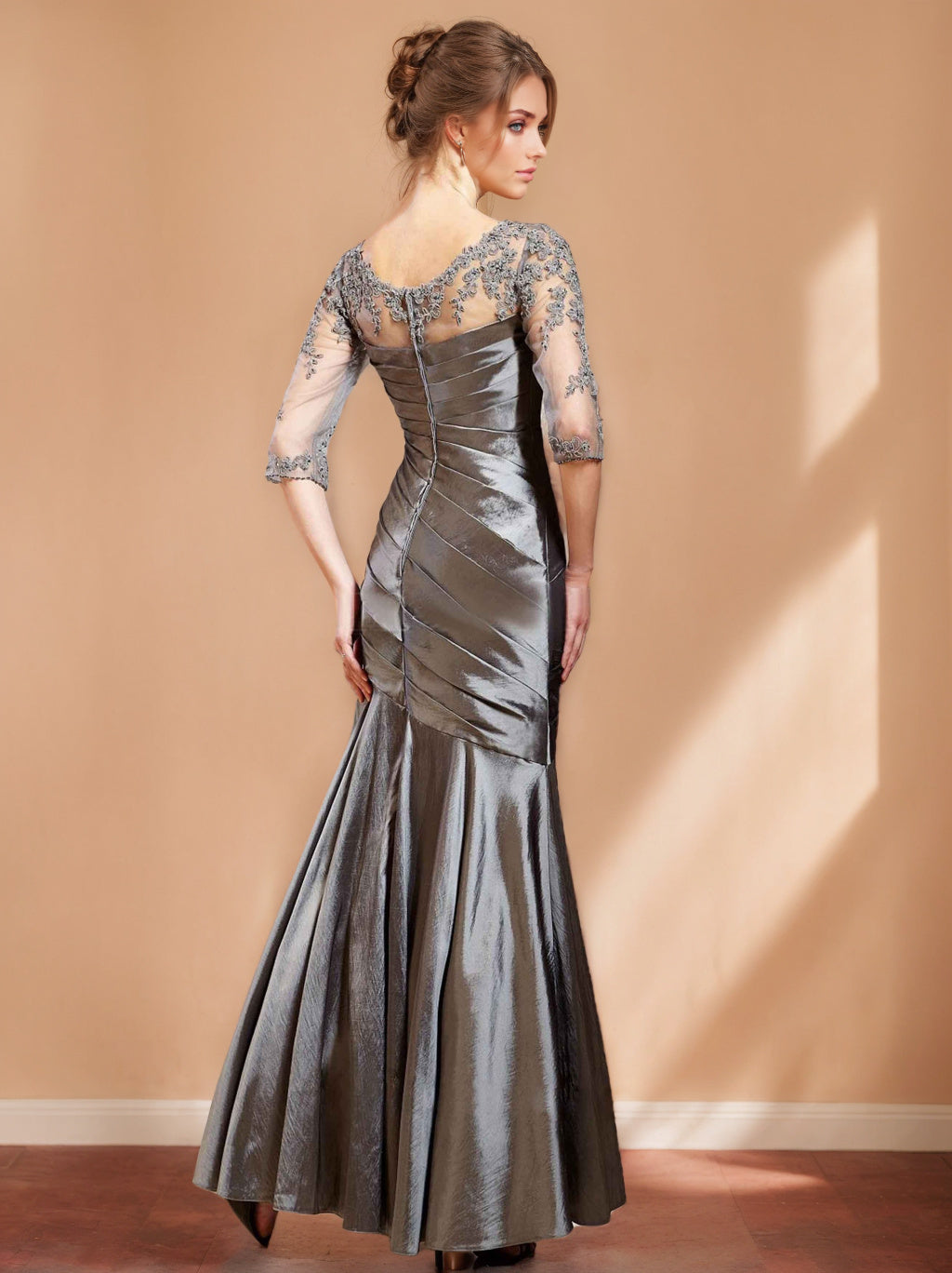 Unique V Neck Trumpet Mermaid Mother of the Bride Dress with 3/4 Sleeves Long Design Appliques & Ruching