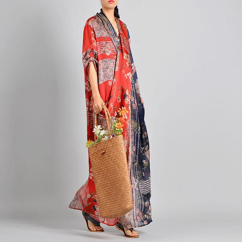 Unique Red Print Silk Blend Robes V Neck Robes Maxi Dress