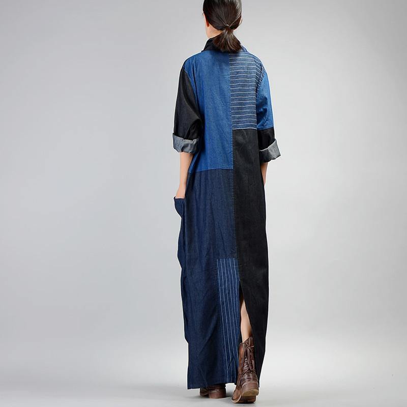 Unique V-Neck Linen Patchwork Robes Neckline Denim Blue Dress
