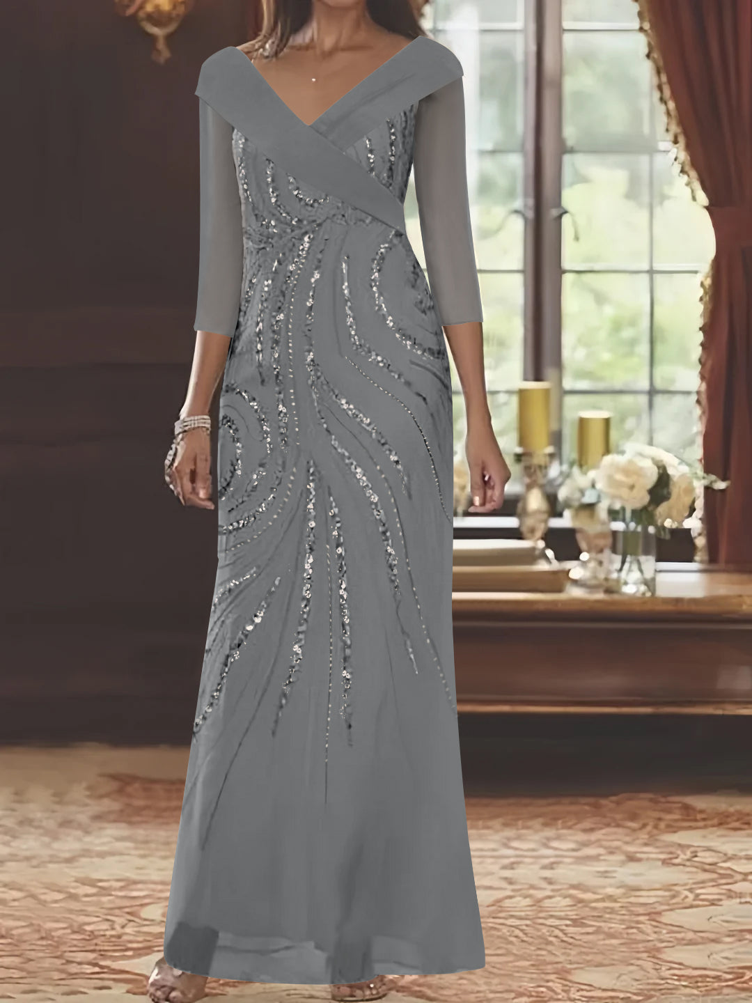 V Neck 3/4 Sleeve Long Sequined Mother of the Bride Sheath Dress