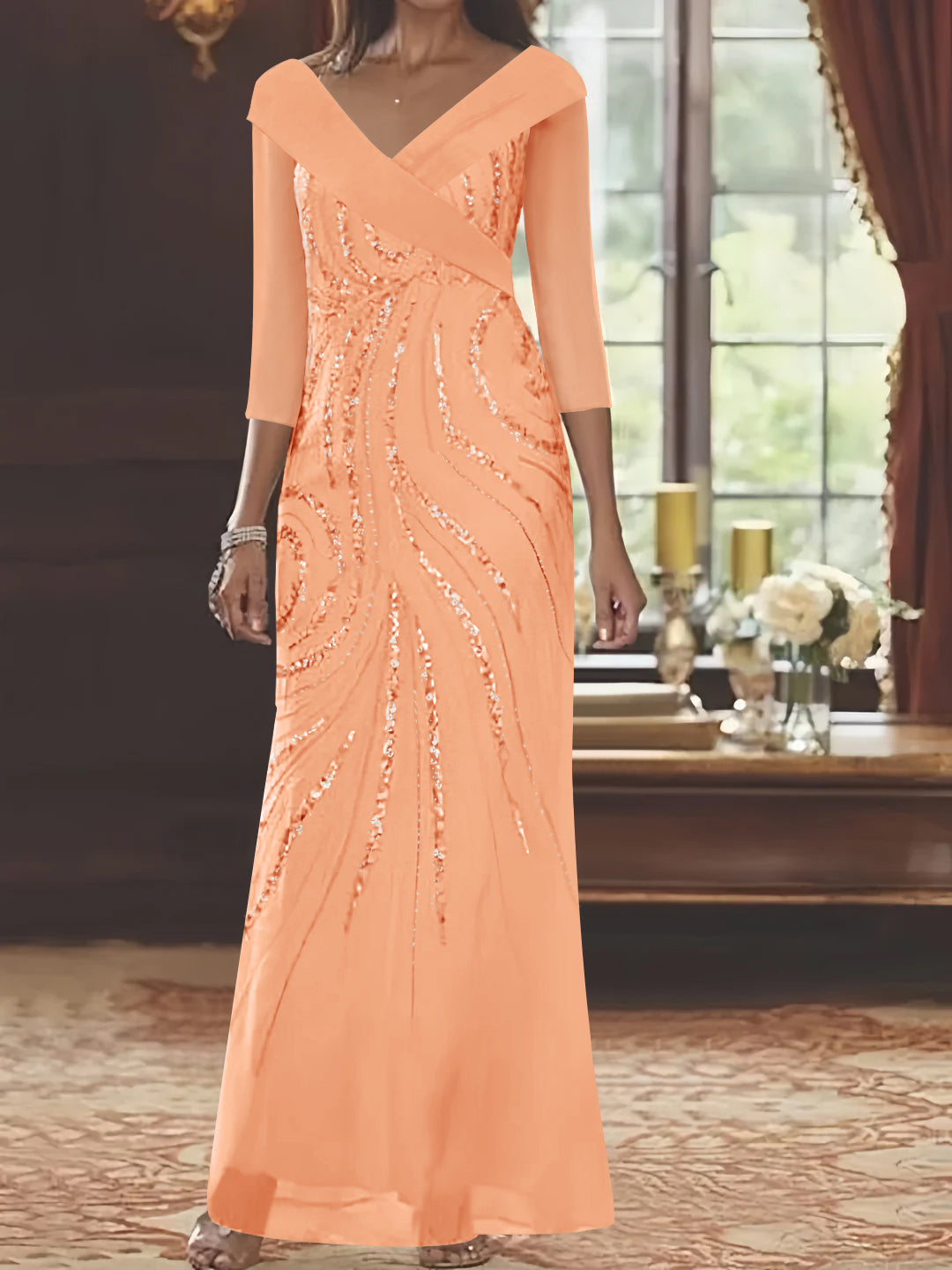 V Neck 3/4 Sleeve Long Sequined Mother of the Bride Sheath Dress