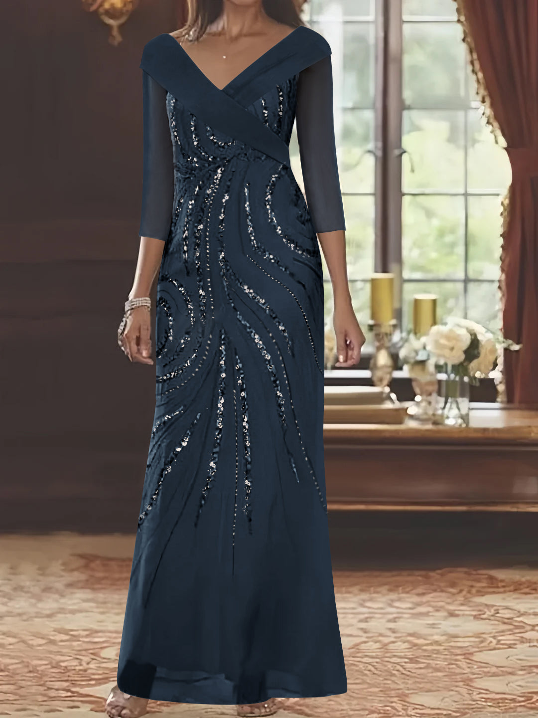 V Neck 3/4 Sleeve Long Sequined Mother of the Bride Sheath Dress