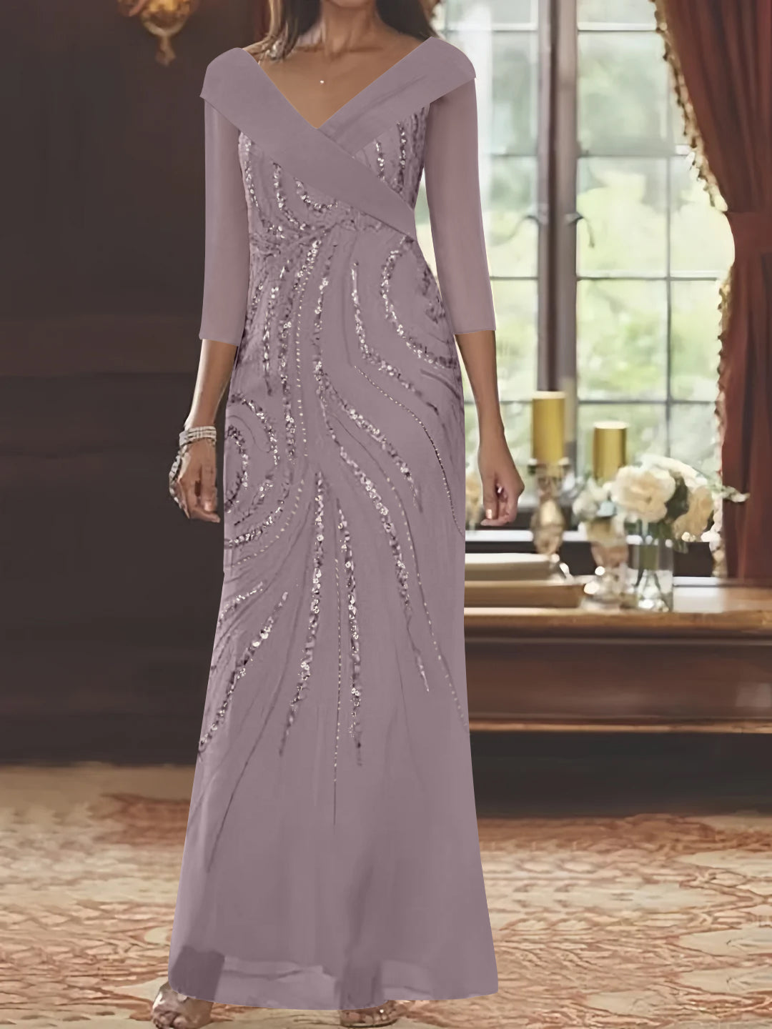 V Neck 3/4 Sleeve Long Sequined Mother of the Bride Sheath Dress