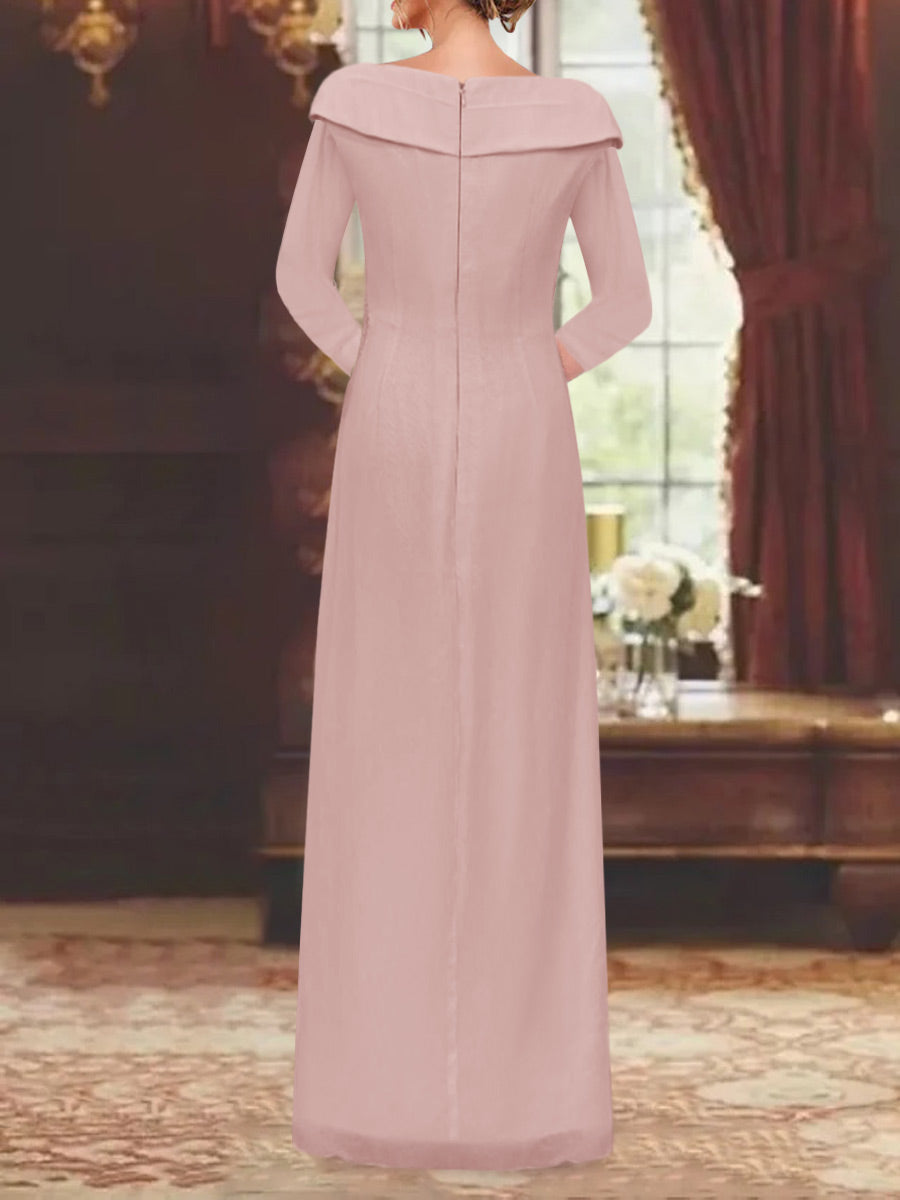 V Neck 3/4 Sleeve Long Sequined Mother of the Bride Sheath Dress