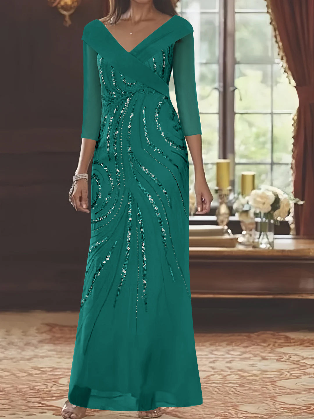 V Neck 3/4 Sleeve Long Sequined Mother of the Bride Sheath Dress