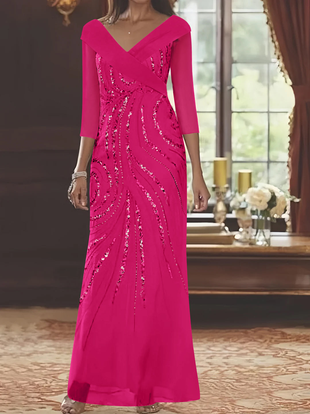 V Neck 3/4 Sleeve Long Sequined Mother of the Bride Sheath Dress