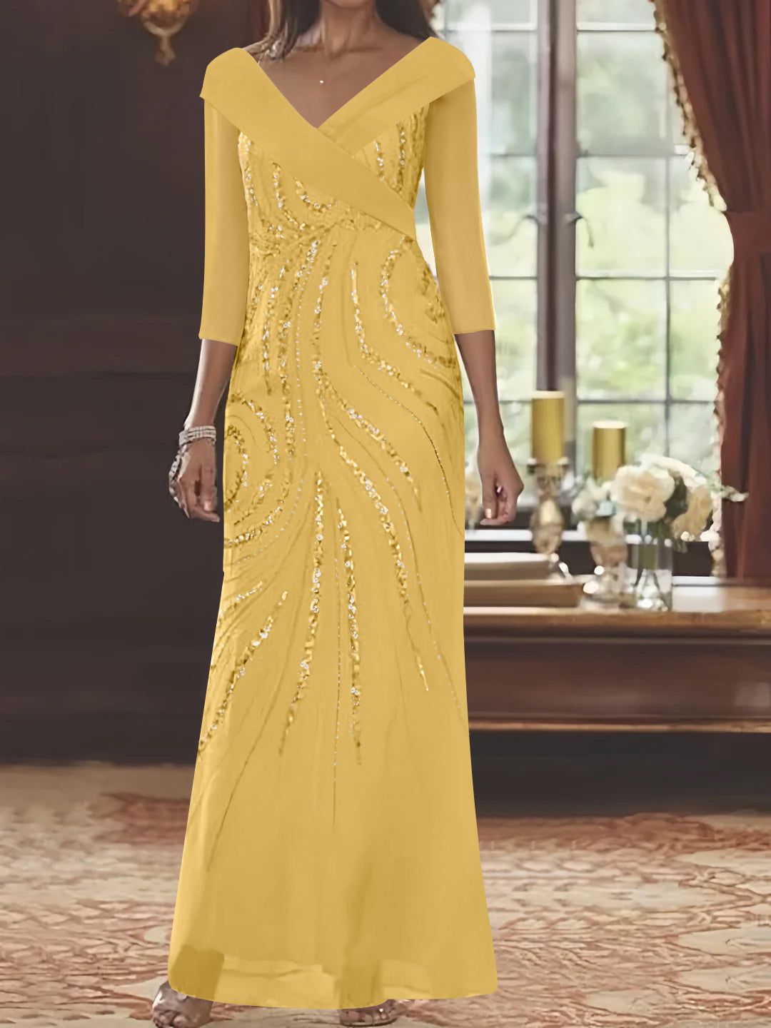 V Neck 3/4 Sleeve Long Sequined Mother of the Bride Sheath Dress