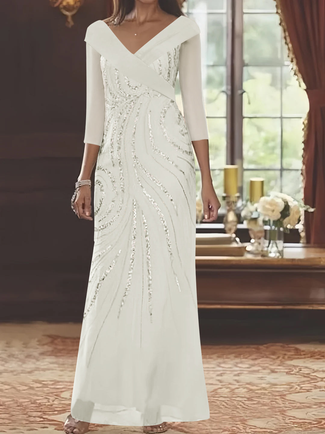 V Neck 3/4 Sleeve Long Sequined Mother of the Bride Sheath Dress