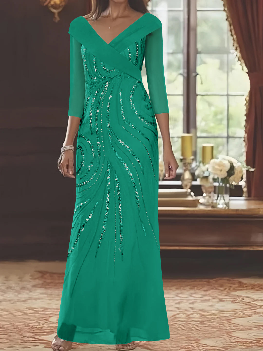 V Neck 3/4 Sleeve Long Sequined Mother of the Bride Sheath Dress