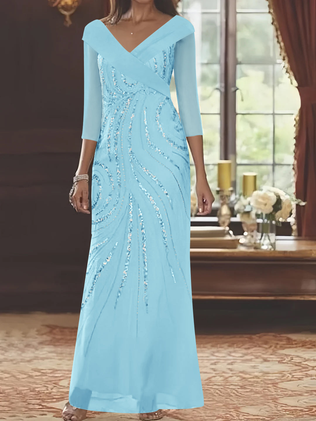 V Neck 3/4 Sleeve Long Sequined Mother of the Bride Sheath Dress