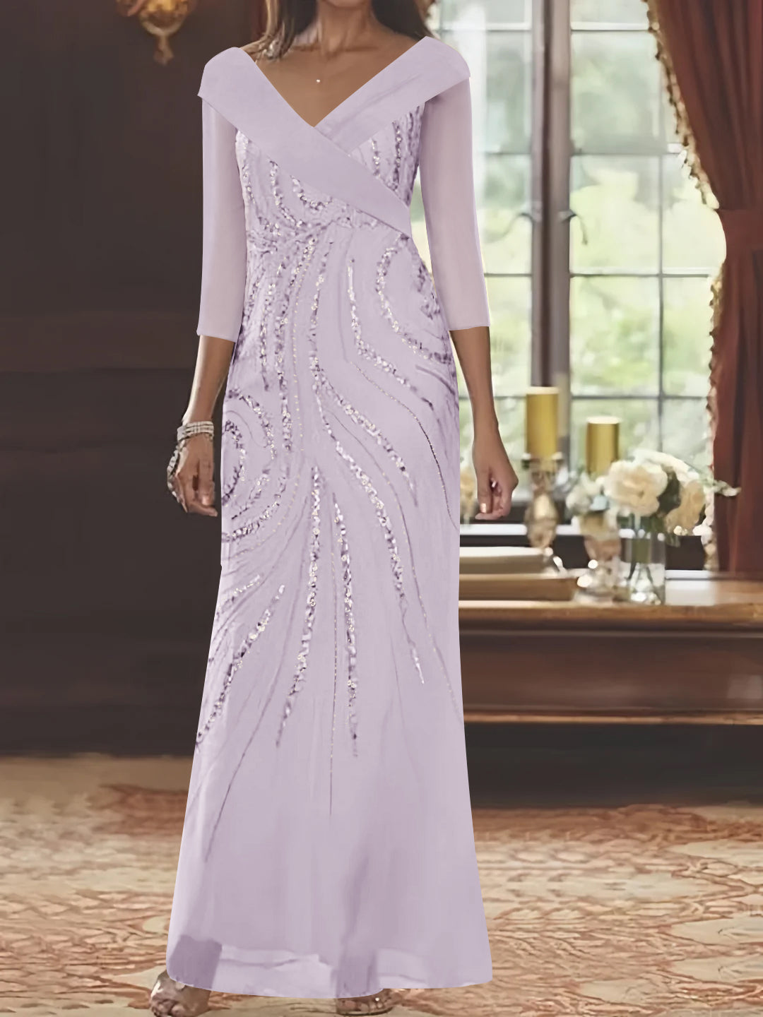 V Neck 3/4 Sleeve Long Sequined Mother of the Bride Sheath Dress