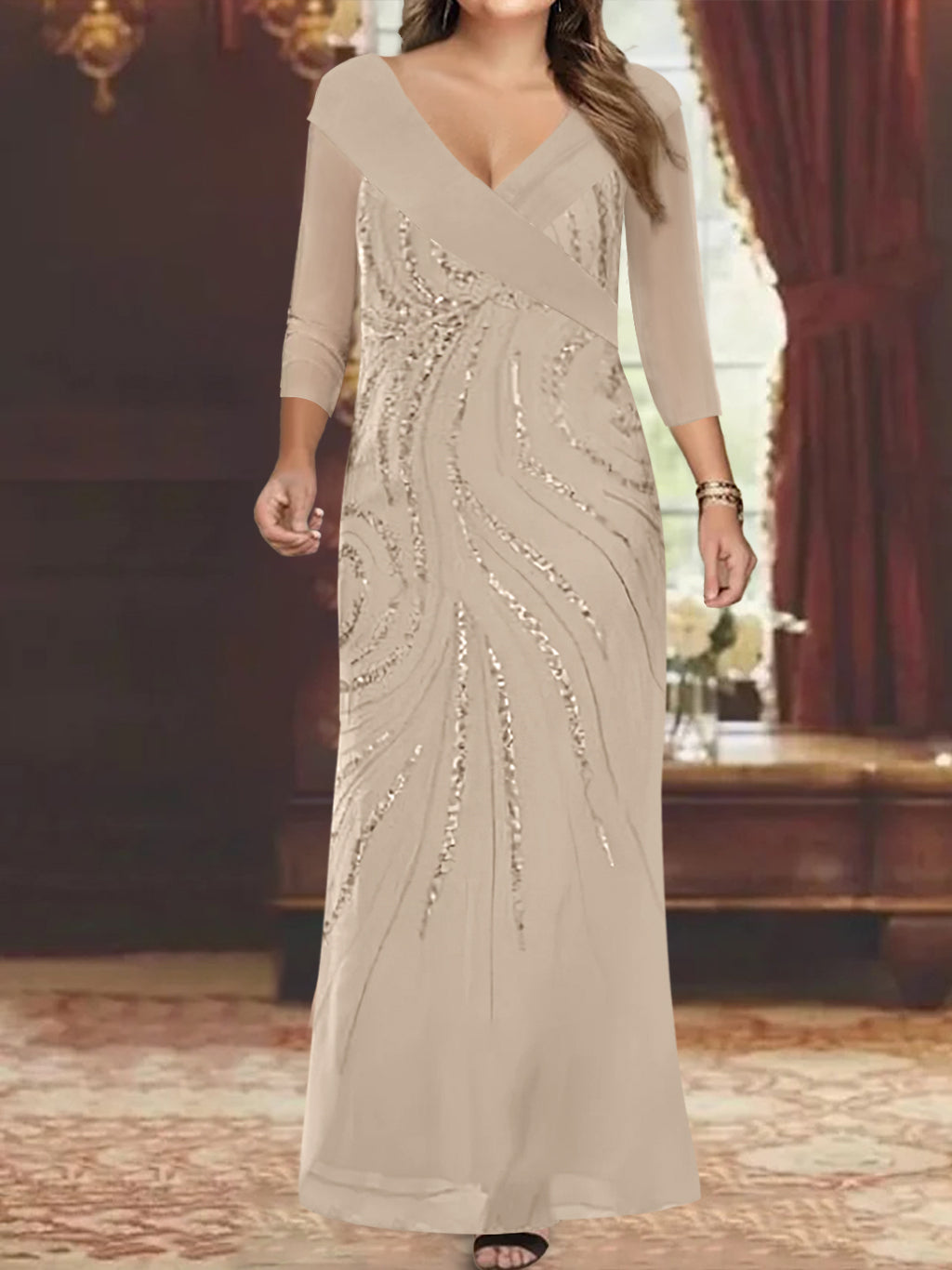 V Neck 3/4 Sleeve Long Sequined Mother of the Bride Sheath Dress