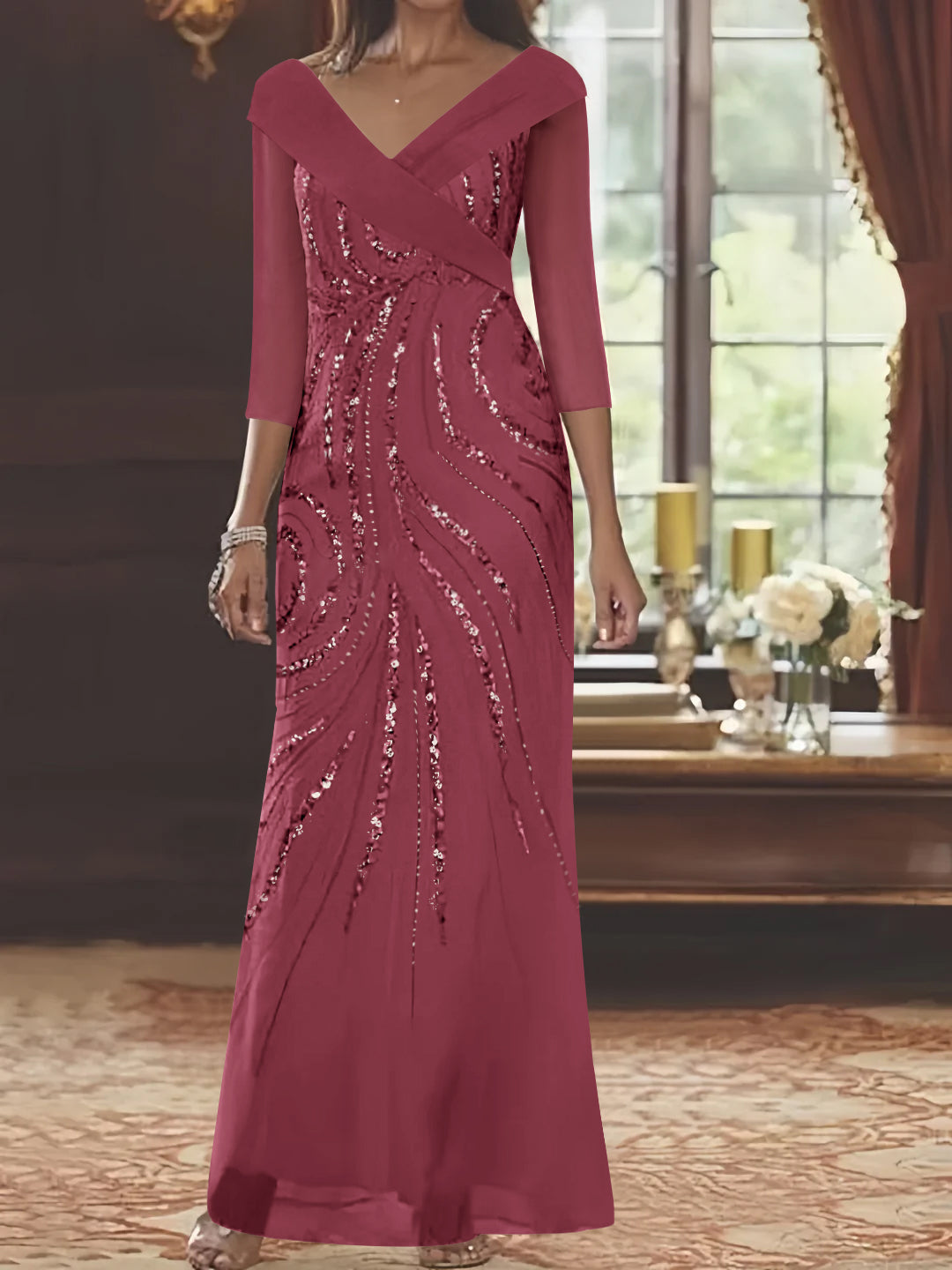 V Neck 3/4 Sleeve Long Sequined Mother of the Bride Sheath Dress