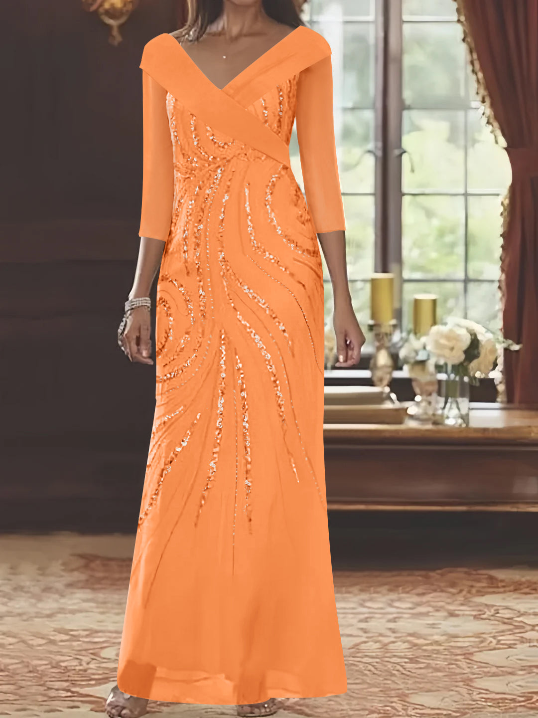 V Neck 3/4 Sleeve Long Sequined Mother of the Bride Sheath Dress
