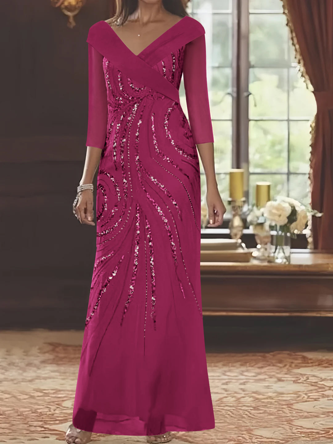 V Neck 3/4 Sleeve Long Sequined Mother of the Bride Sheath Dress
