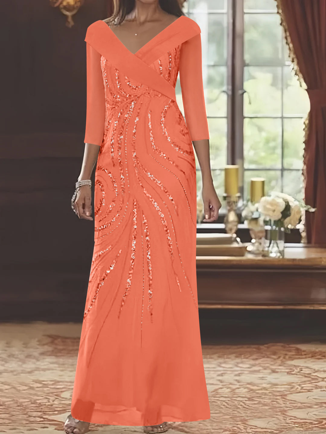 V Neck 3/4 Sleeve Long Sequined Mother of the Bride Sheath Dress