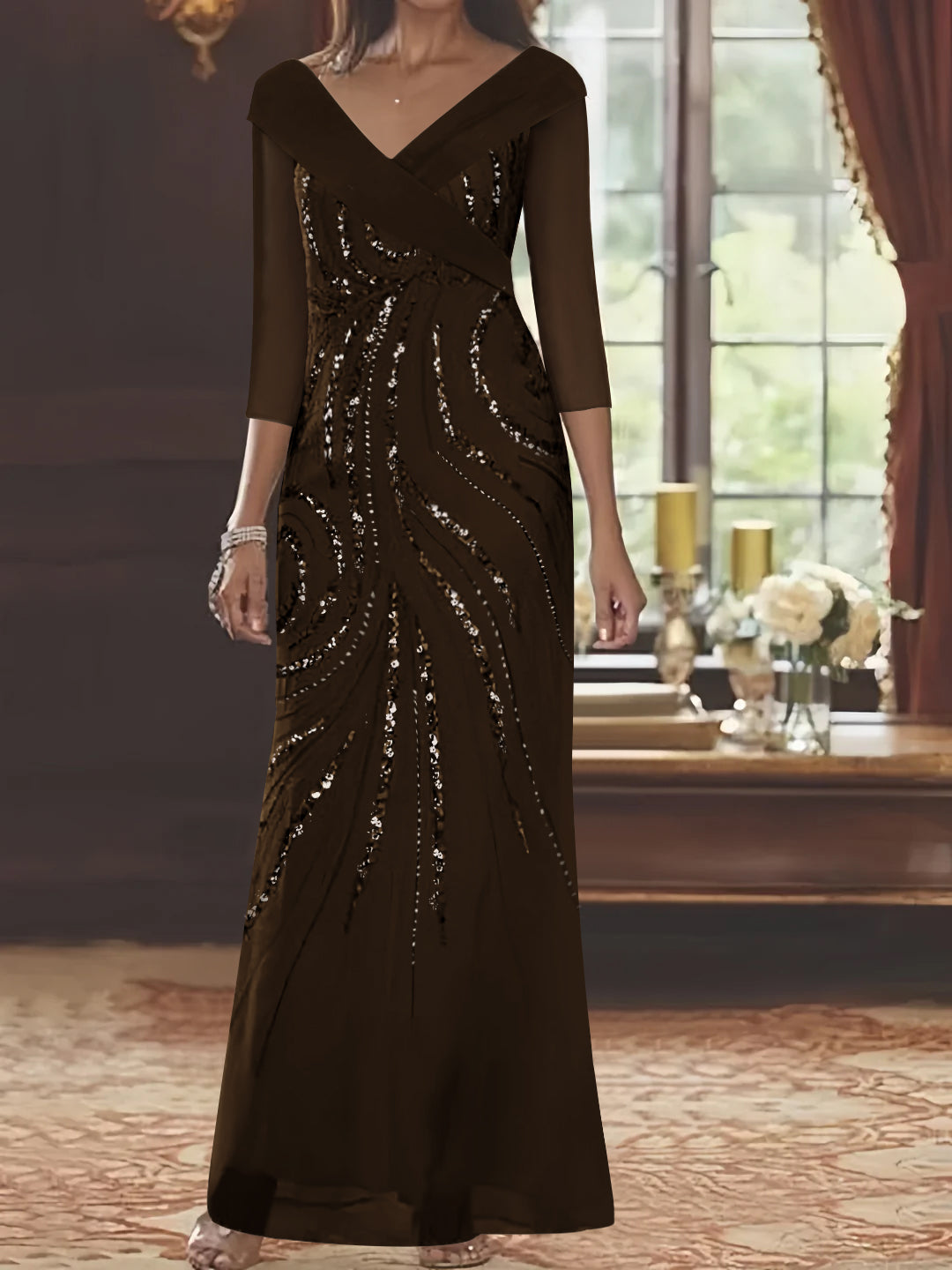 V Neck 3/4 Sleeve Long Sequined Mother of the Bride Sheath Dress