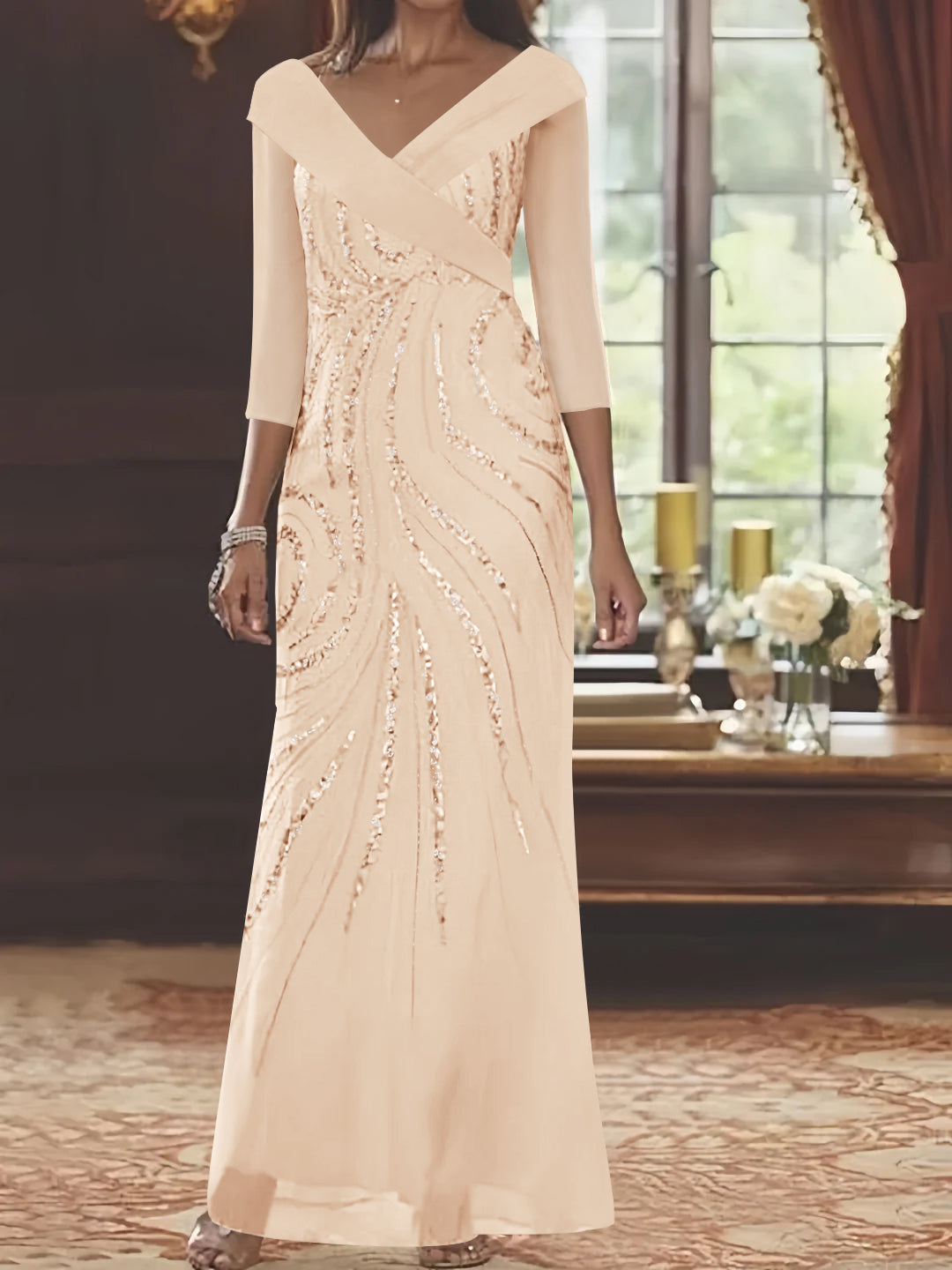 V Neck 3/4 Sleeve Long Sequined Mother of the Bride Sheath Dress