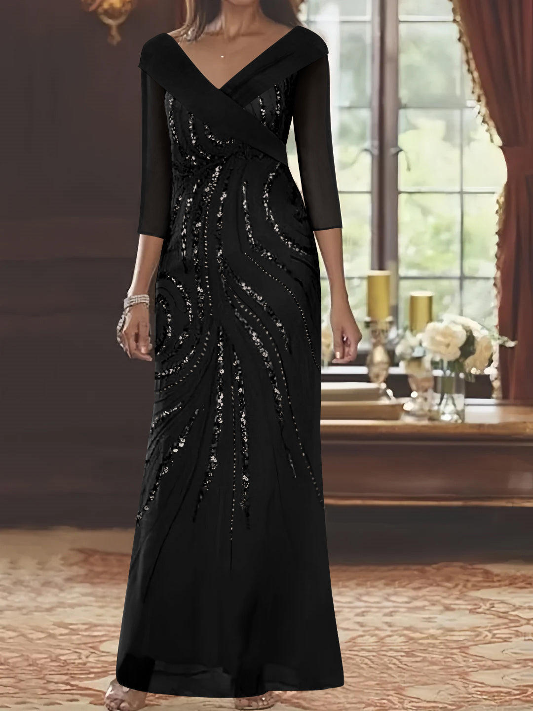 V Neck 3/4 Sleeve Long Sequined Mother of the Bride Sheath Dress
