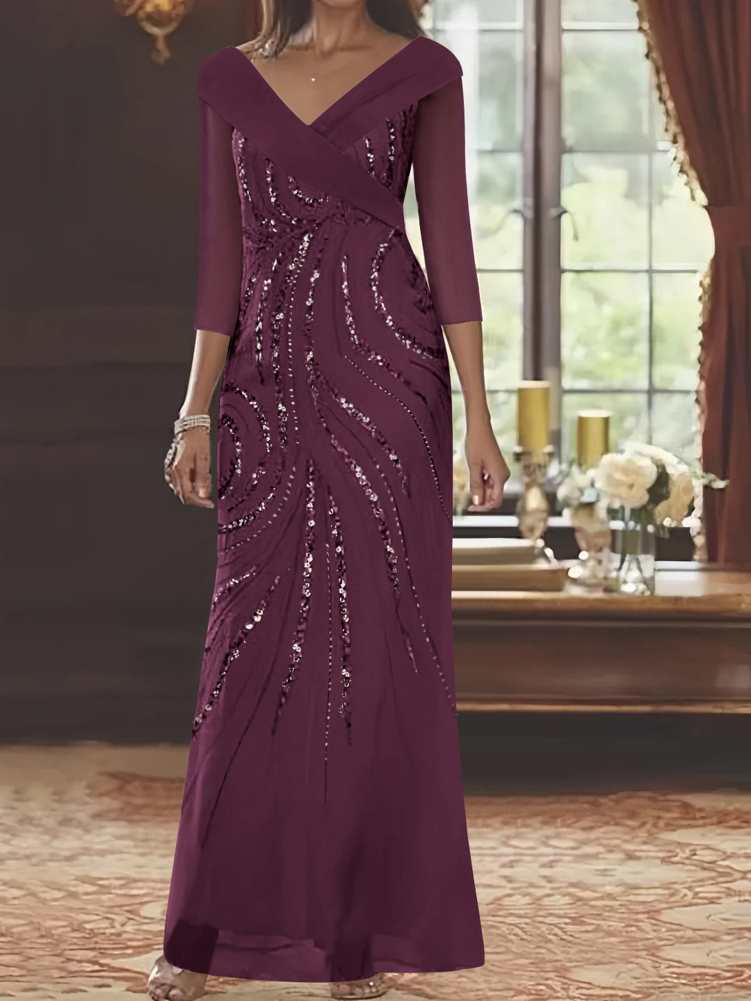 V Neck 3/4 Sleeve Long Sequined Mother of the Bride Sheath Dress