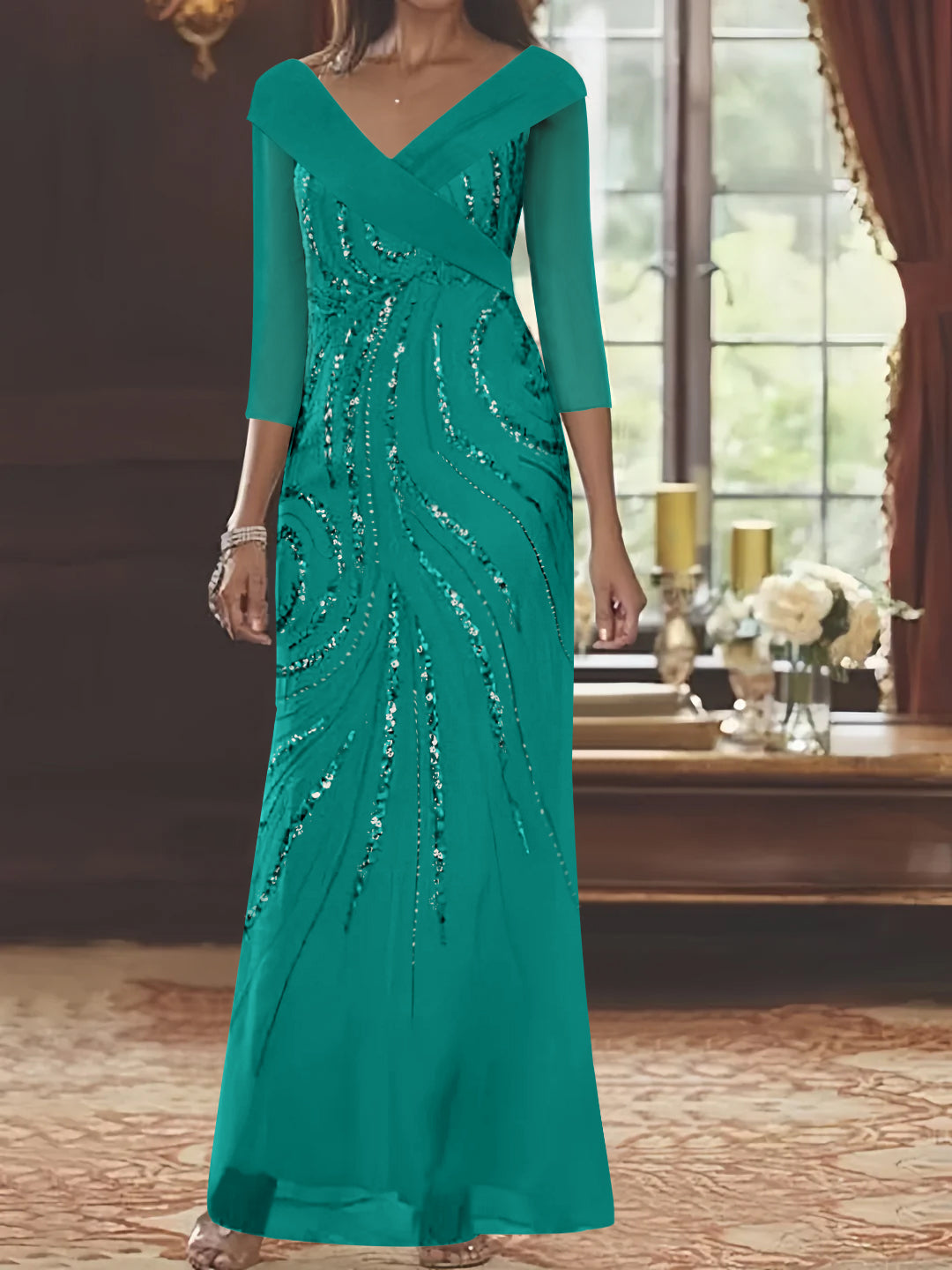 V Neck 3/4 Sleeve Long Sequined Mother of the Bride Sheath Dress