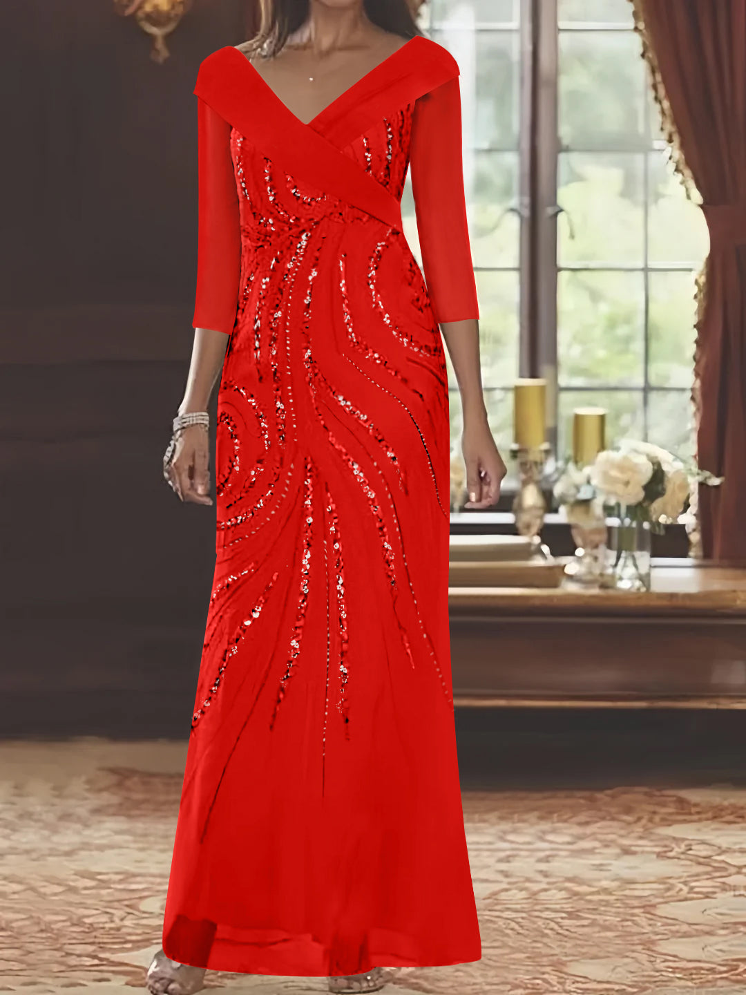V Neck 3/4 Sleeve Long Sequined Mother of the Bride Sheath Dress