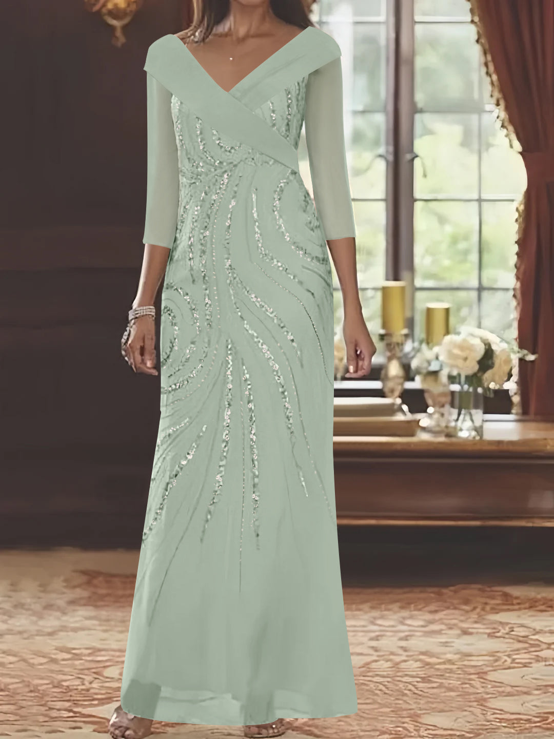 V Neck 3/4 Sleeve Long Sequined Mother of the Bride Sheath Dress