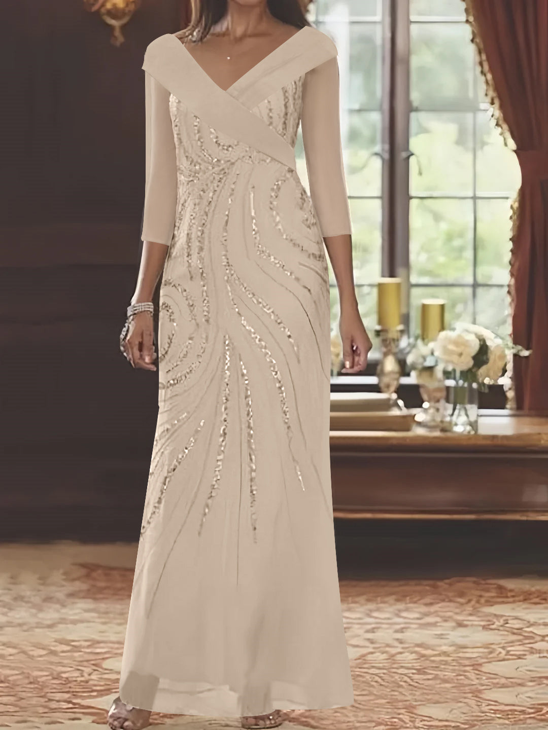 V Neck 3/4 Sleeve Long Sequined Mother of the Bride Sheath Dress