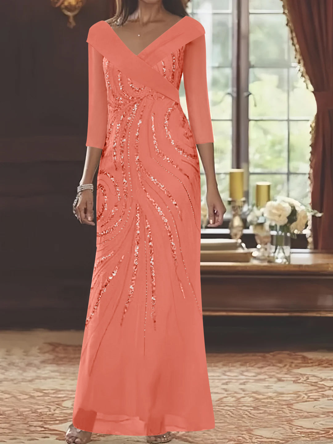 V Neck 3/4 Sleeve Long Sequined Mother of the Bride Sheath Dress