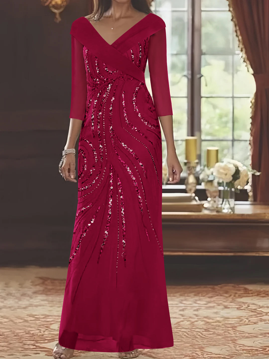 V Neck 3/4 Sleeve Long Sequined Mother of the Bride Sheath Dress