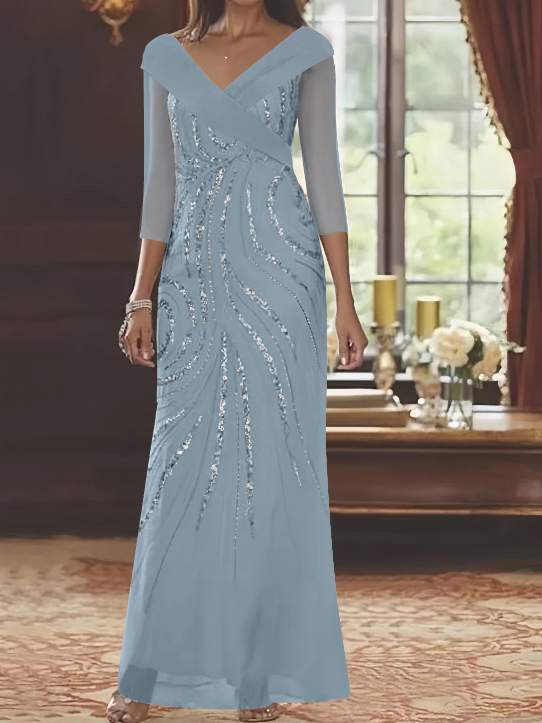 V Neck 3/4 Sleeve Long Sequined Mother of the Bride Sheath Dress