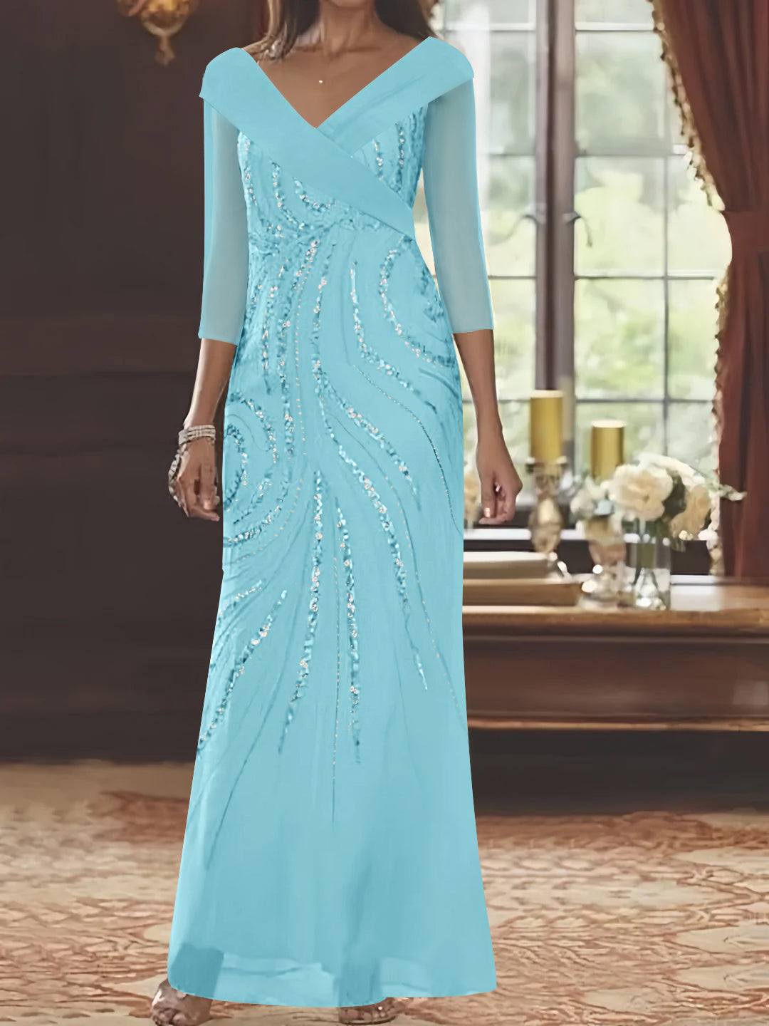 V Neck 3/4 Sleeve Long Sequined Mother of the Bride Sheath Dress