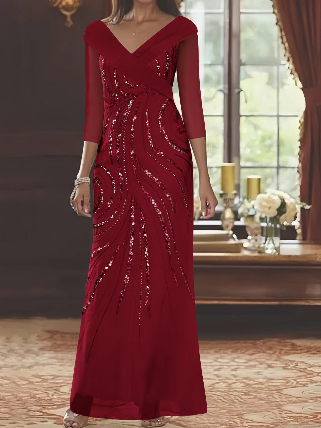 V Neck 3/4 Sleeve Long Sequined Mother of the Bride Sheath Dress
