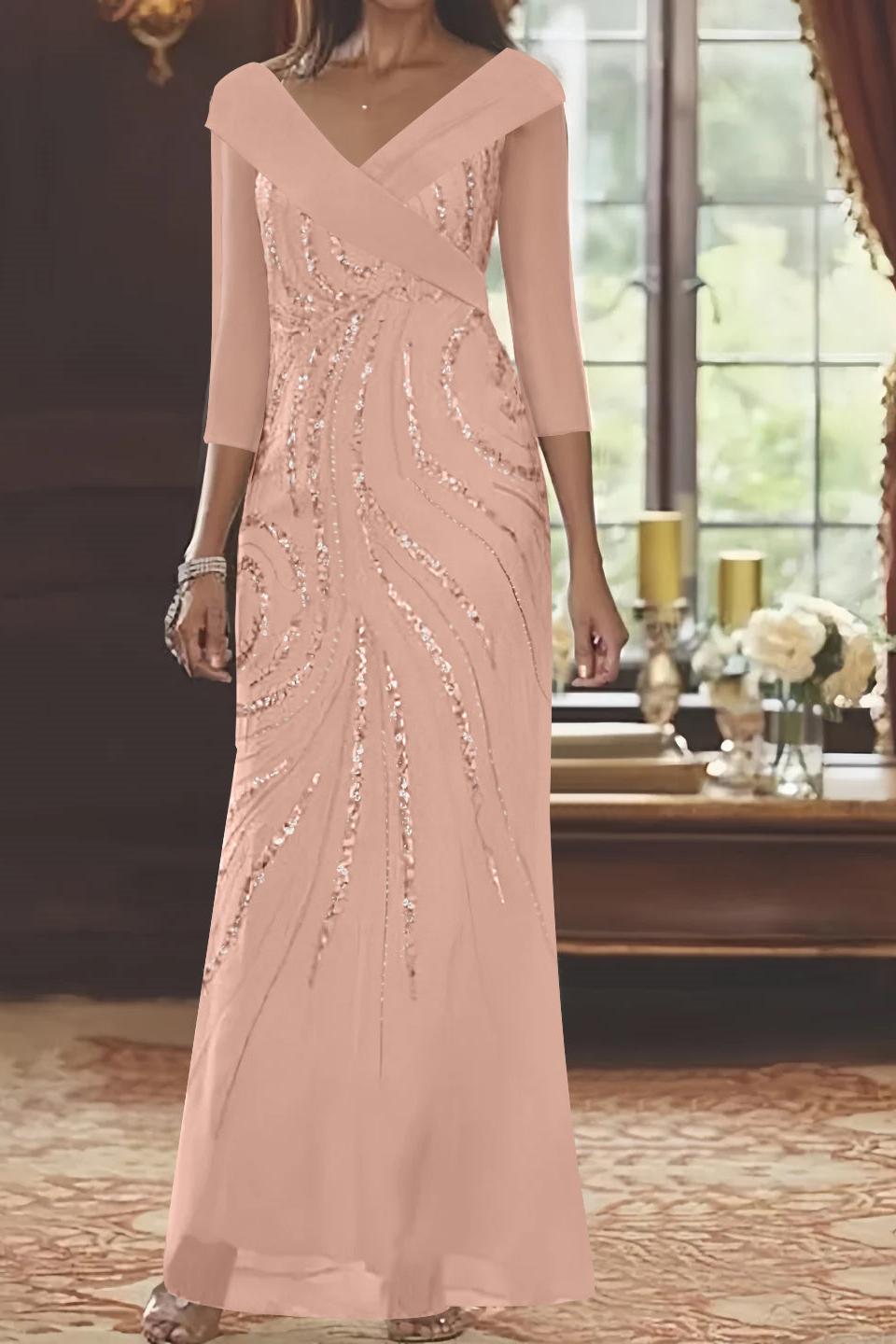 V Neck 3/4 Sleeve Long Sequined Mother of the Bride Sheath Dress