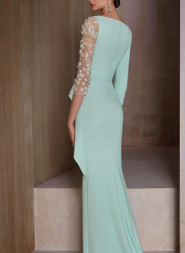 V Neck 3/4 Sleeve Long Sheath Mother of the Bride Dress with Appliques