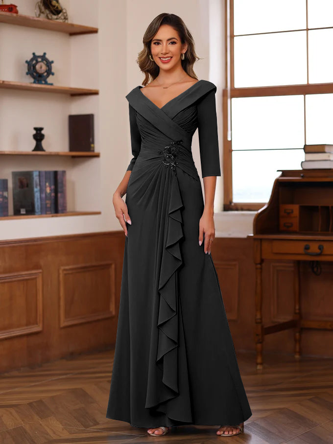 V Neck 3/4 Sleeve Long Sheath Column Mother of the Bride Dress with Ruffles & Appliques