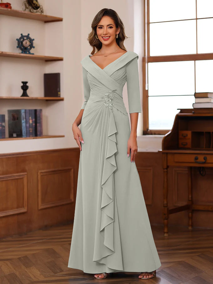 V Neck 3/4 Sleeve Long Sheath Column Mother of the Bride Dress with Ruffles & Appliques