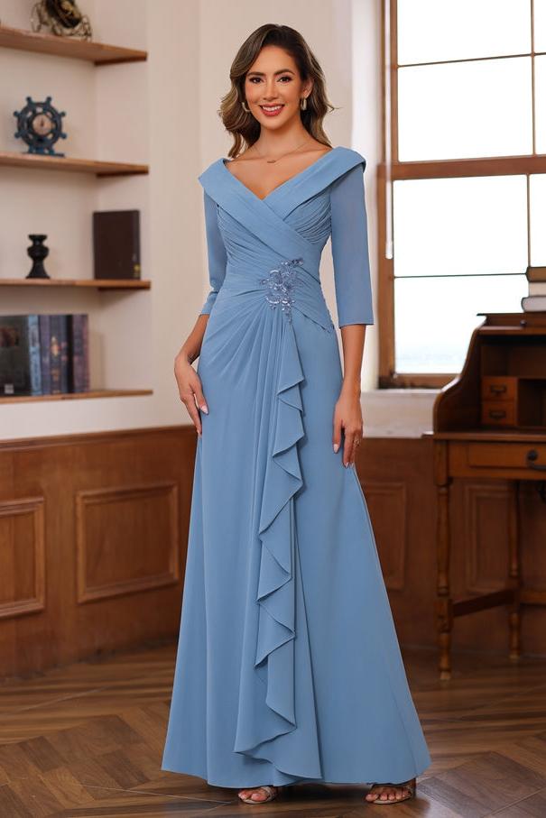 V Neck 3/4 Sleeve Long Sheath Column Mother of the Bride Dress with Ruffles & Appliques