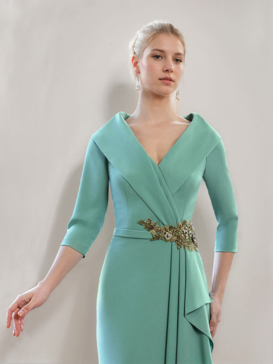 V Neck 3/4 Sleeve Long Sheath Column Mother of the Bride Dress with Ruffles & Jewel Appliques