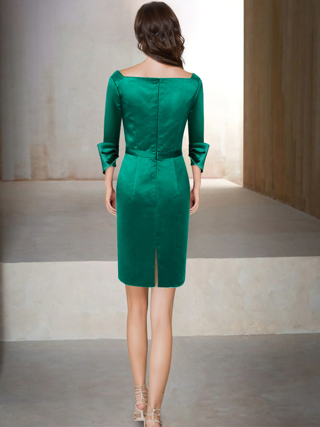 V Neck 3/4 Sleeve Knee Length Sheath Mother of the Bride Dress with Sash