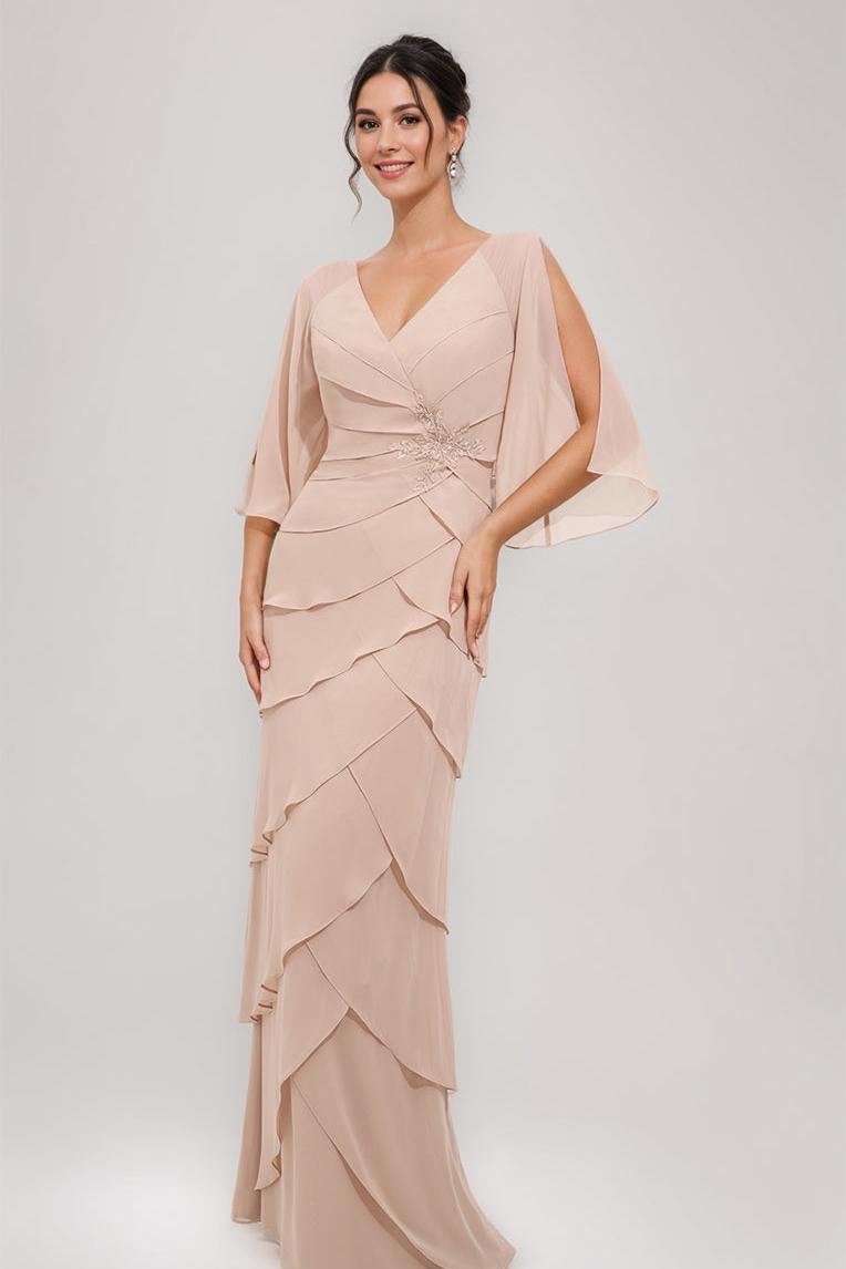 V Neck 3/4 Sleeve Sheath Dress with Appliques & Ruffles for Mothers of the Bride & Groom